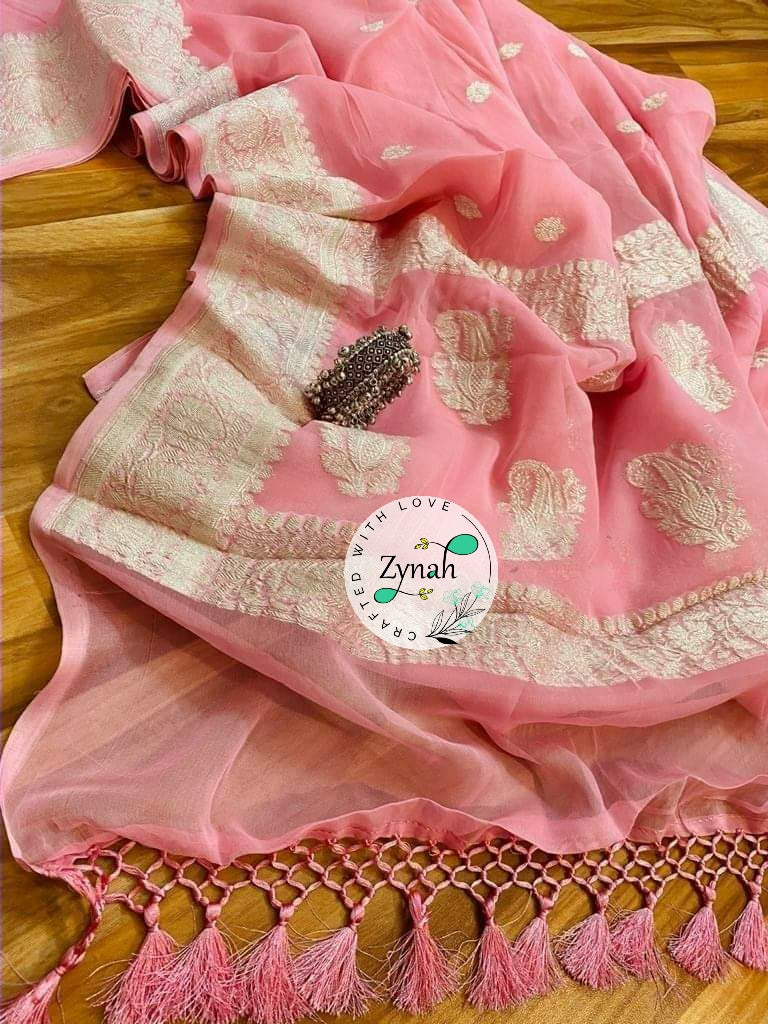 Zynah Pure Banarasi Handloom Khaddi Georgette Saree with Zari Border & Butis; Custom Stitched/Ready-made Blouse, Fall, Petticoat; Shipping available USA, Worldwide