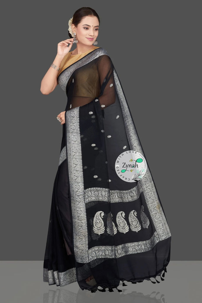 Zynah Pure Banarasi Handloom Khaddi Georgette Saree with Zari Border & Butis; Custom Stitched/Ready-made Blouse, Fall, Petticoat; Shipping available USA, Worldwide