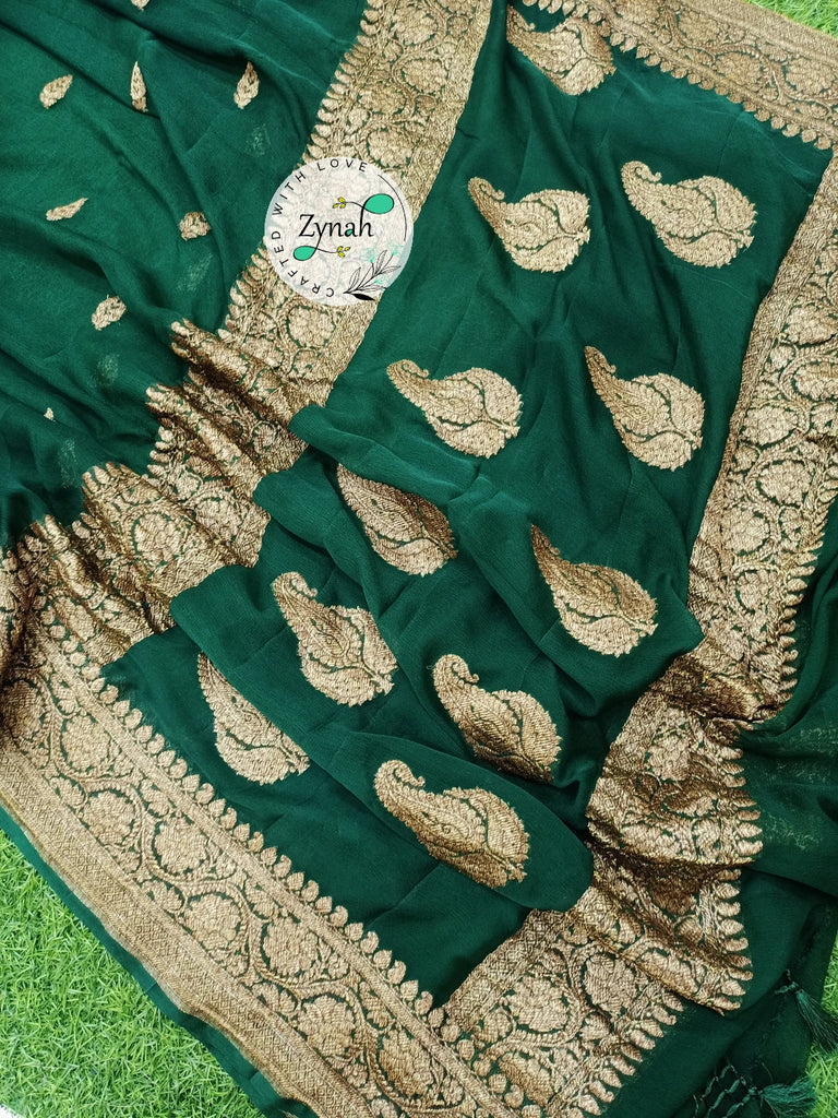 Zynah Pure Banarasi Handloom Khaddi Georgette Saree with Zari Border & Butis; Custom Stitched/Ready-made Blouse, Fall, Petticoat; Shipping available USA, Worldwide