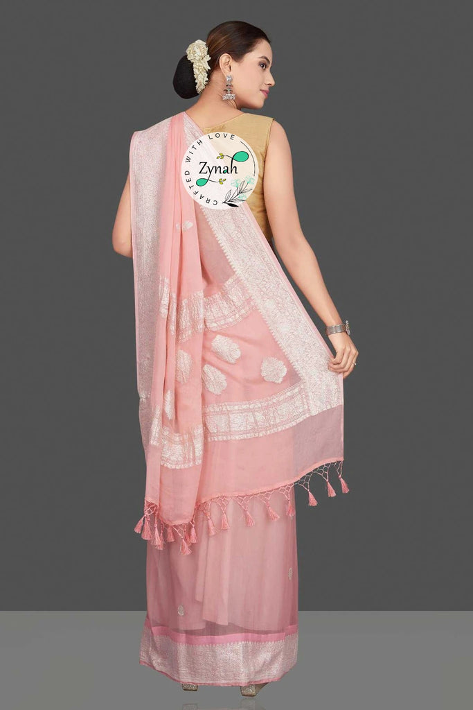 Zynah Pure Banarasi Handloom Khaddi Georgette Saree with Zari Border & Butis; Custom Stitched/Ready-made Blouse, Fall, Petticoat; Shipping available USA, Worldwide