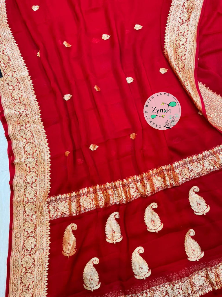 Zynah Pure Banarasi Handloom Khaddi Georgette Saree with Zari Border & Butis; Custom Stitched/Ready-made Blouse, Fall, Petticoat; Shipping available USA, Worldwide