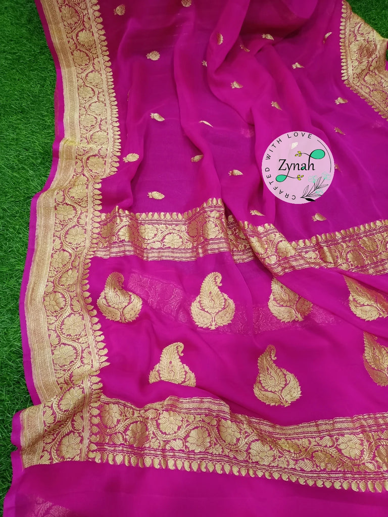 Zynah Pure Banarasi Handloom Khaddi Georgette Saree with Zari Border & Butis; Custom Stitched/Ready-made Blouse, Fall, Petticoat; Shipping available USA, Worldwide