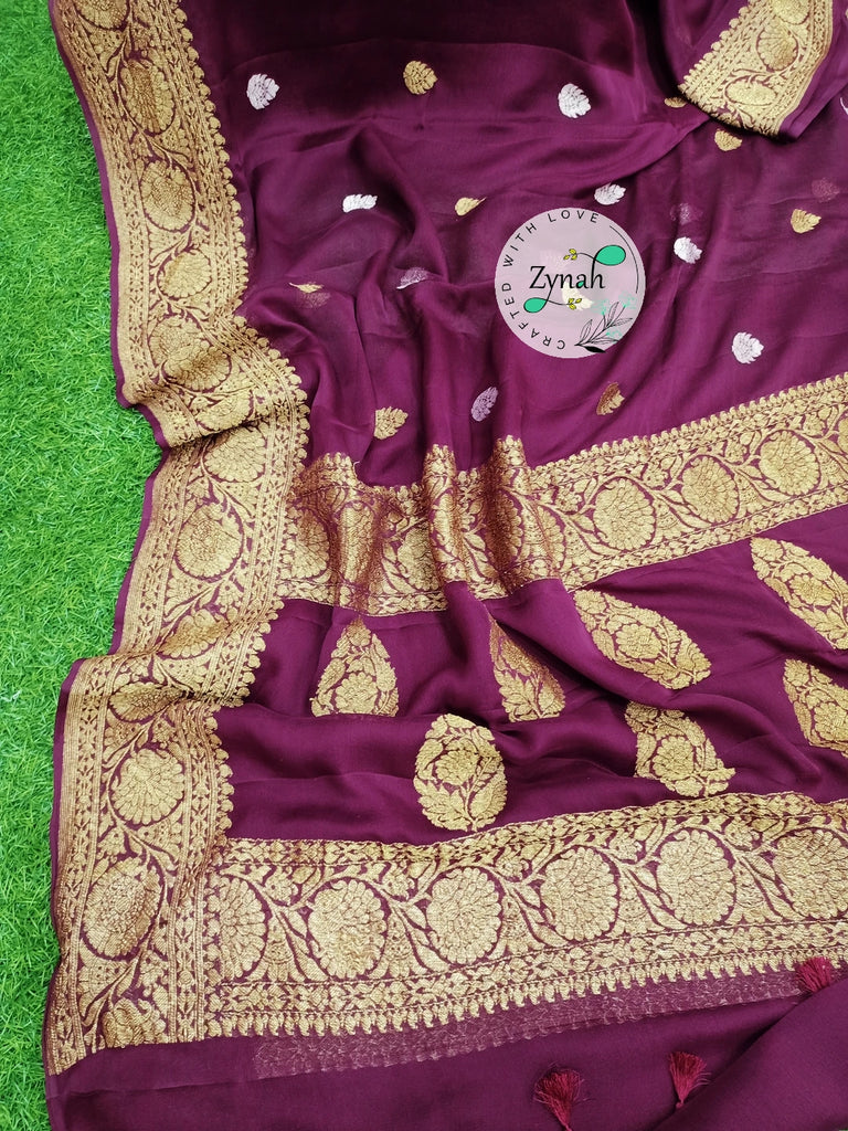 Zynah Pure Banarasi Handloom Khaddi Georgette Saree with Zari Border & Butis; Custom Stitched/Ready-made Blouse, Fall, Petticoat; Shipping available USA, Worldwide