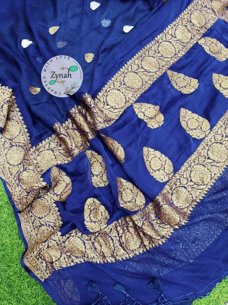 Zynah Pure Banarasi Handloom Khaddi Georgette Saree with Golden Zari Border & Butis; Custom Stitched/Ready-made Blouse, Fall, Petticoat; Shipping available USA, Worldwide