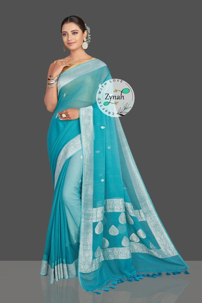 Zynah Pure Banarasi Handloom Khaddi Georgette Saree with Zari Border & Butis; Custom Stitched/Ready-made Blouse, Fall, Petticoat; Shipping available USA, Worldwide