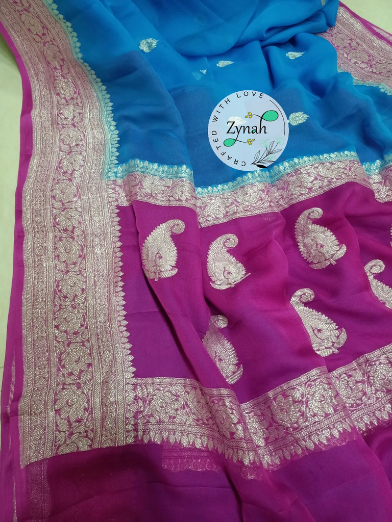 Zynah Pure Banarasi Handloom Khaddi Georgette Saree with Zari Weave; Custom Stitched/Ready-made Blouse, Fall, Petticoat; Shipping available USA, Worldwide