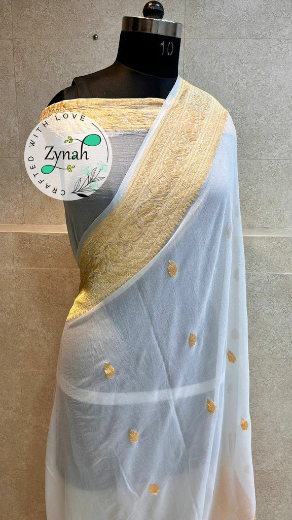 Zynah Pure Banarasi Handloom Khaddi Georgette Saree with Golden Zari Border & Butis; Custom Stitched/Ready-made Blouse, Fall, Petticoat; Shipping available USA, Worldwide