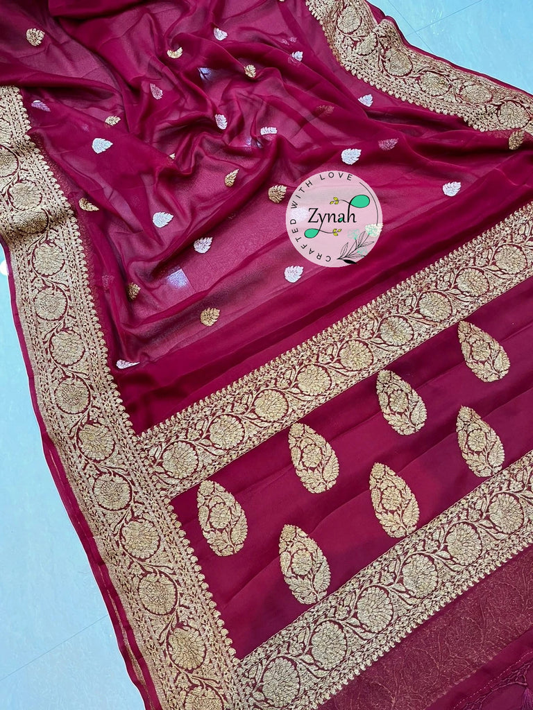 Zynah Pure Banarasi Handloom Khaddi Georgette Saree with Zari Border & Butis; Custom Stitched/Ready-made Blouse, Fall, Petticoat; Shipping available USA, Worldwide