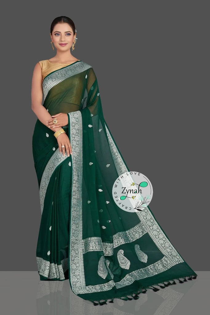 Zynah Pure Banarasi Handloom Khaddi Georgette Saree with Zari Border & Butis; Custom Stitched/Ready-made Blouse, Fall, Petticoat; Shipping available USA, Worldwide
