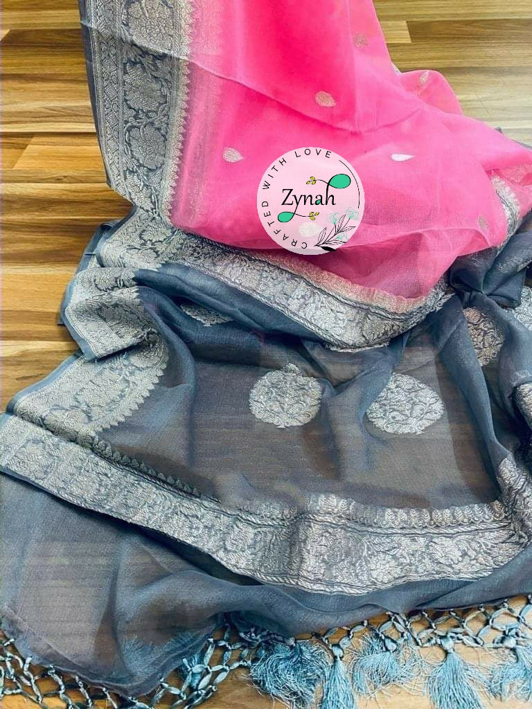 Zynah Pure Banarasi Handloom Khaddi Georgette Saree with Zari Weave; Custom Stitched/Ready-made Blouse, Fall, Petticoat; Shipping available USA, Worldwide