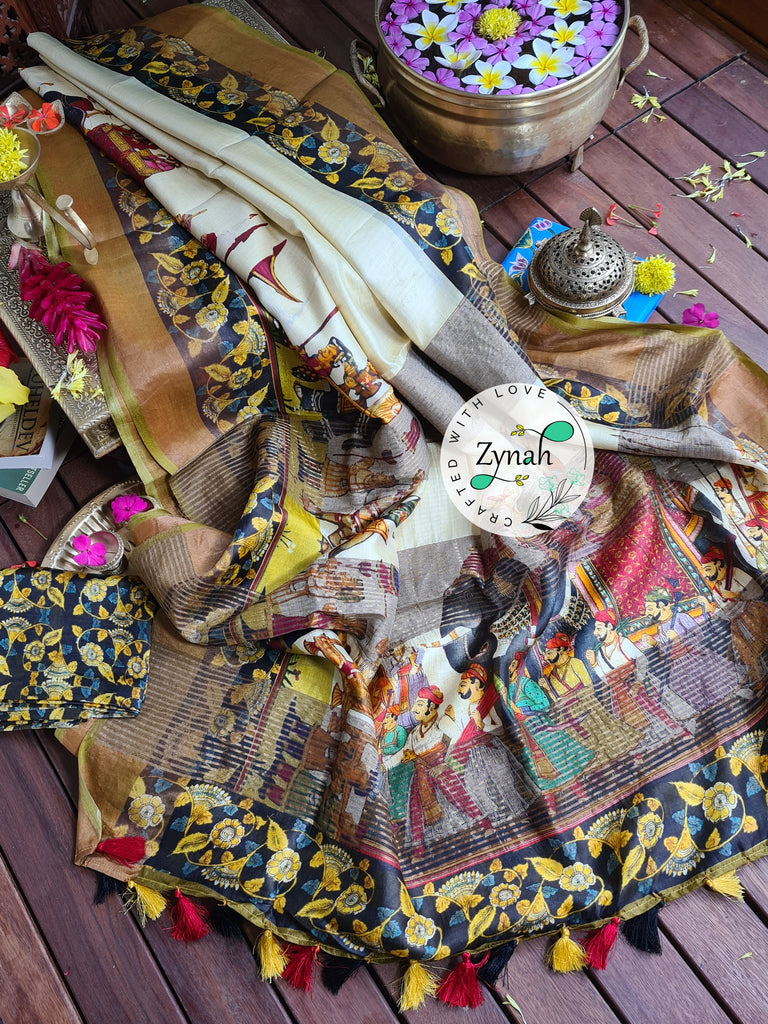 Zynah Pure Tussar Silk Saree with Digital Kalamkari Prints; Custom Stitched/Ready-made Blouse, Fall, Petticoat; Shipping available USA, Worldwide