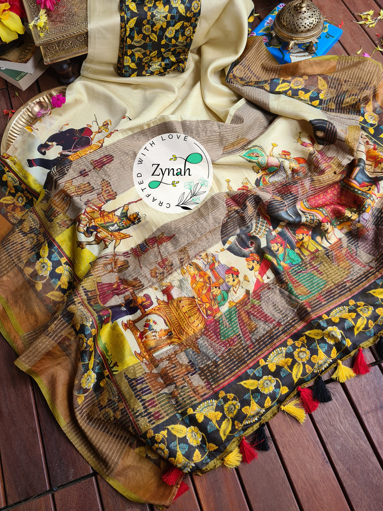 Zynah Pure Tussar Silk Saree with Digital Kalamkari Prints; Custom Stitched/Ready-made Blouse, Fall, Petticoat; Shipping available USA, Worldwide