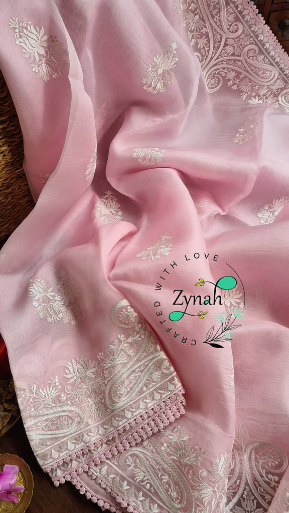 Zynah Pure Organza Silk Saree with Thread Embroidery & Crochet lace Border; Custom Stitched/Ready-made Blouse, Fall, Petticoat; Shipping available USA, Worldwide