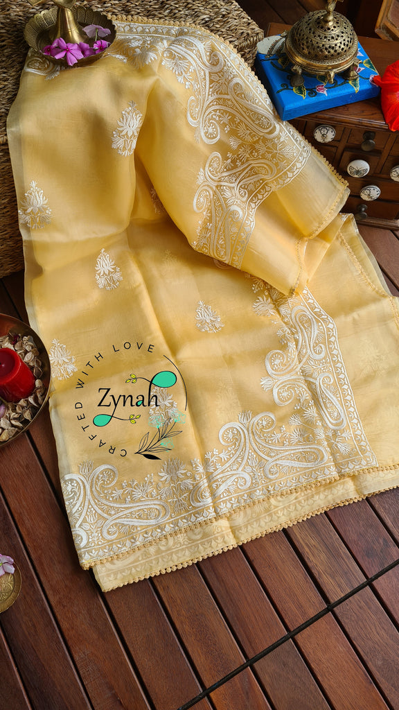 Zynah Pure Organza Silk Saree with Thread Embroidery & Crochet lace Border; Custom Stitched/Ready-made Blouse, Fall, Petticoat; Shipping available USA, Worldwide