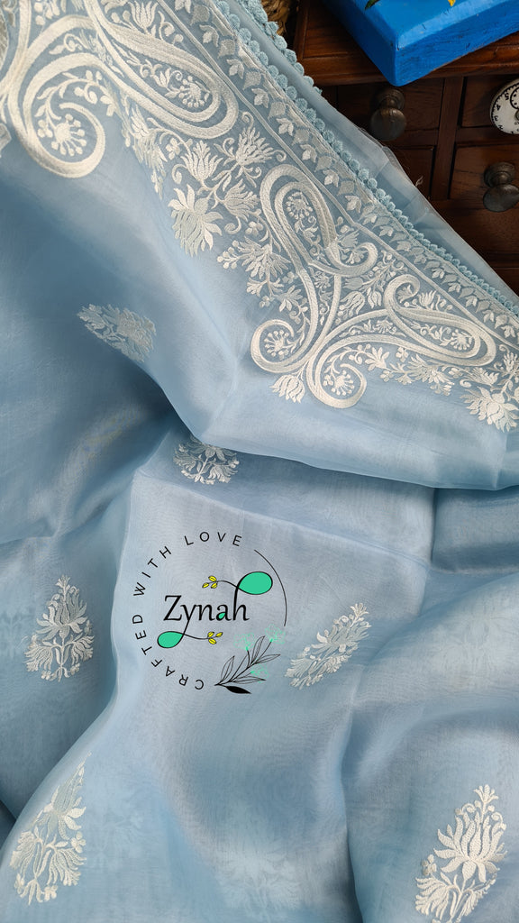 Zynah Pure Organza Silk Saree with Thread Embroidery & Crochet lace Border; Custom Stitched/Ready-made Blouse, Fall, Petticoat; Shipping available USA, Worldwide