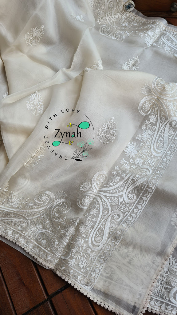 Zynah Pure Organza Silk Saree with Thread Embroidery & Crochet lace Border; Custom Stitched/Ready-made Blouse, Fall, Petticoat; Shipping available USA, Worldwide