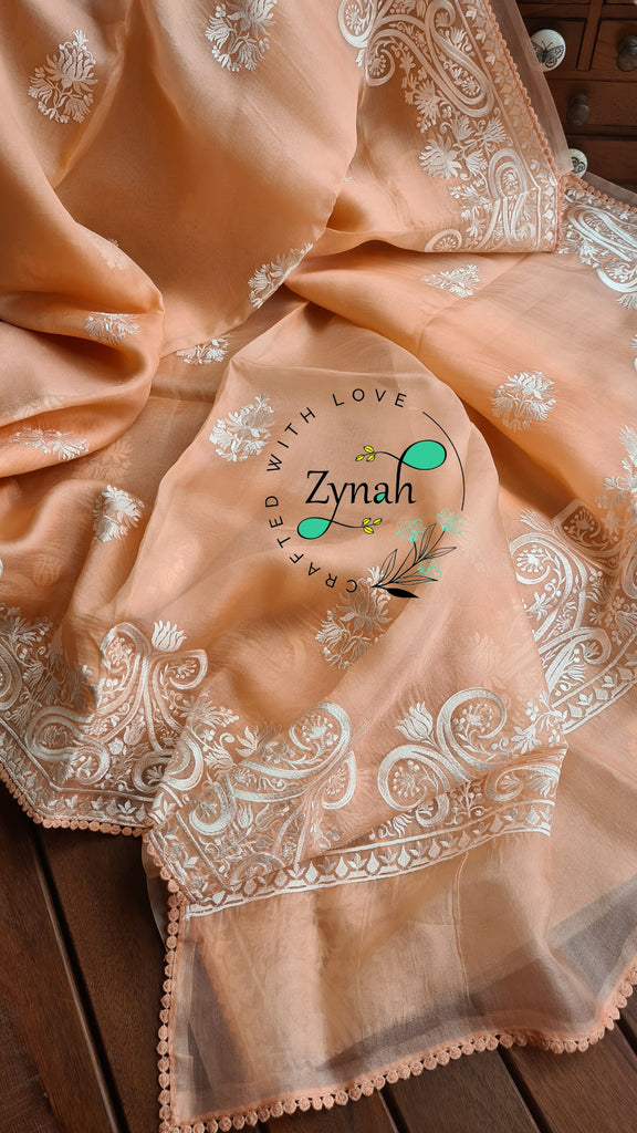 Zynah Pure Organza Silk Saree with Thread Embroidery & Crochet lace Border; Custom Stitched/Ready-made Blouse, Fall, Petticoat; Shipping available USA, Worldwide