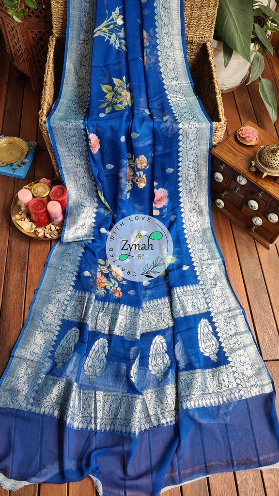Zynah Pure Khaddi Chiffon Saree with Floral Prints & Silver Zari Weave; Custom Stitched/Ready-made Blouse, Fall, Petticoat; Shipping available USA, Worldwide