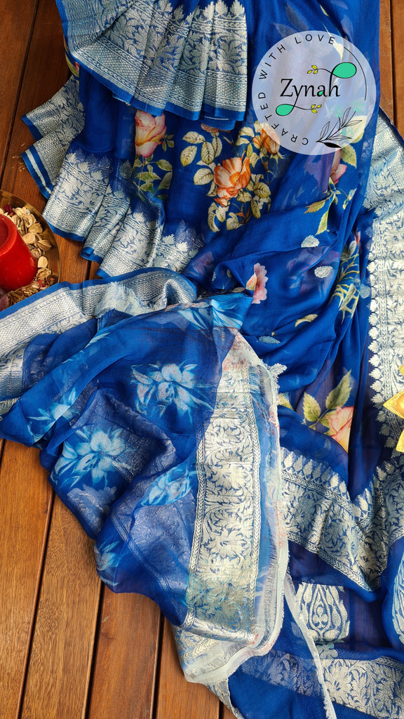 Zynah Pure Khaddi Chiffon Saree with Floral Prints & Silver Zari Weave; Custom Stitched/Ready-made Blouse, Fall, Petticoat; Shipping available USA, Worldwide