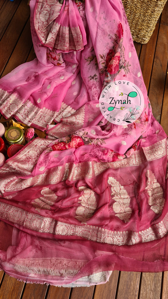 Zynah Pure Khaddi Chiffon Saree with Floral Prints & Silver Zari Weave; Custom Stitched/Ready-made Blouse, Fall, Petticoat; Shipping available USA, Worldwide
