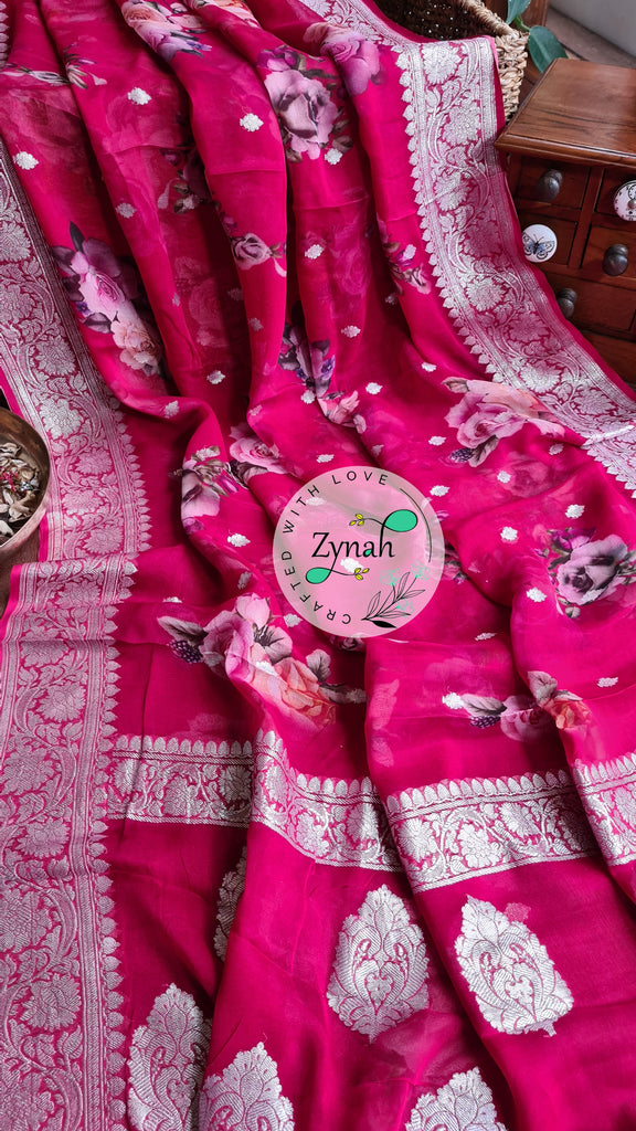 Zynah Pure Khaddi Chiffon Saree with Floral Prints & Silver Zari Weave; Custom Stitched/Ready-made Blouse, Fall, Petticoat; Shipping available USA, Worldwide