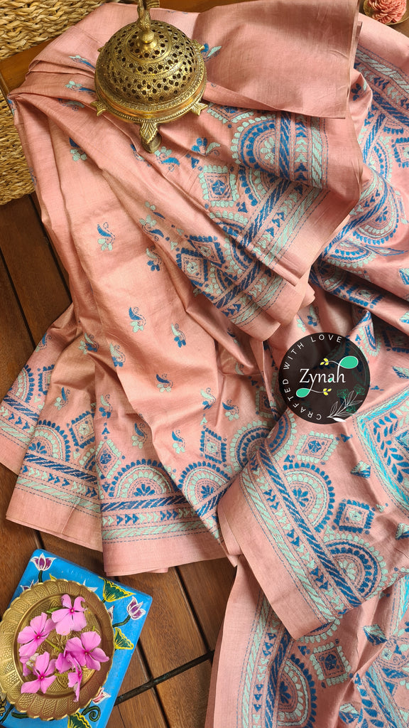 Zynah Pure Tussar Silk Kantha Saree; Custom Stitched/Ready-made Blouse, Fall, Petticoat; Shipping available USA, Worldwide