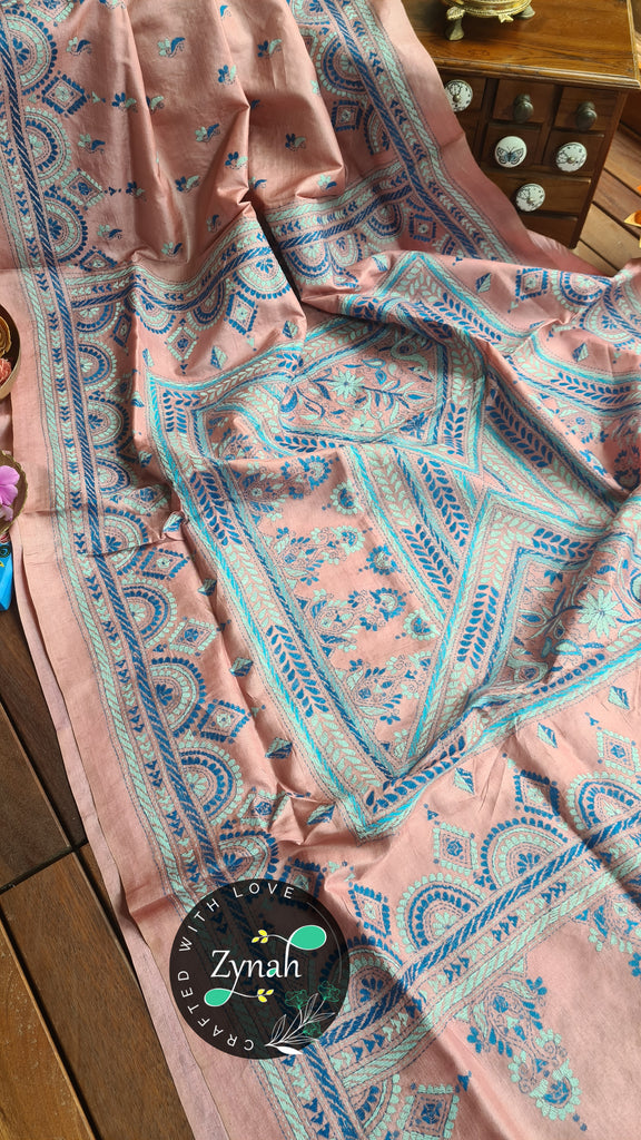 Zynah Pure Tussar Silk Kantha Saree; Custom Stitched/Ready-made Blouse, Fall, Petticoat; Shipping available USA, Worldwide