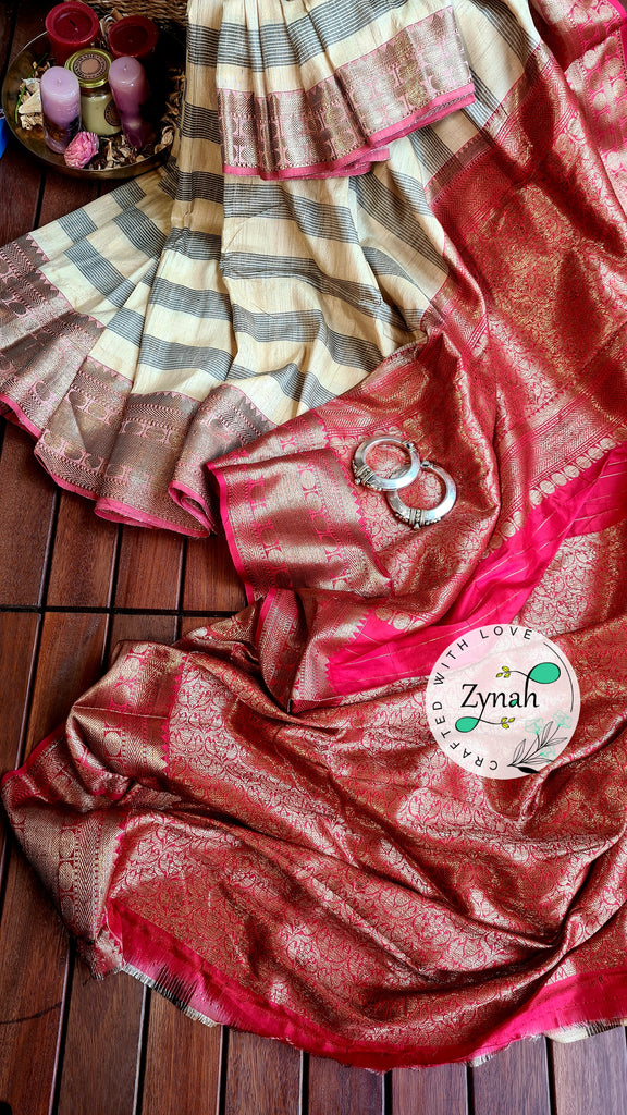 Zynah Pure Tussar Banarasi Silk Saree with Antique Zari; Custom Stitched/Ready-made Blouse, Fall, Petticoat; Shipping available USA, Worldwide