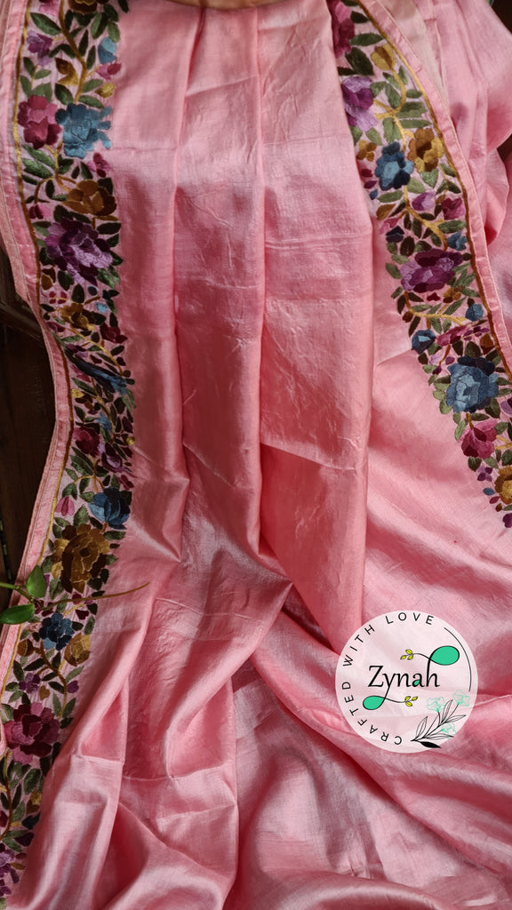 Zynah Made to Order Pure Tussar Silk Parsi Gara Handcrafted Saree; Custom Stitched/Ready-made Blouse, Fall, Petticoat; Shipping available USA, Worldwide