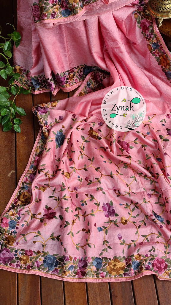 Zynah Made to Order Pure Tussar Silk Parsi Gara Handcrafted Saree; Custom Stitched/Ready-made Blouse, Fall, Petticoat; Shipping available USA, Worldwide