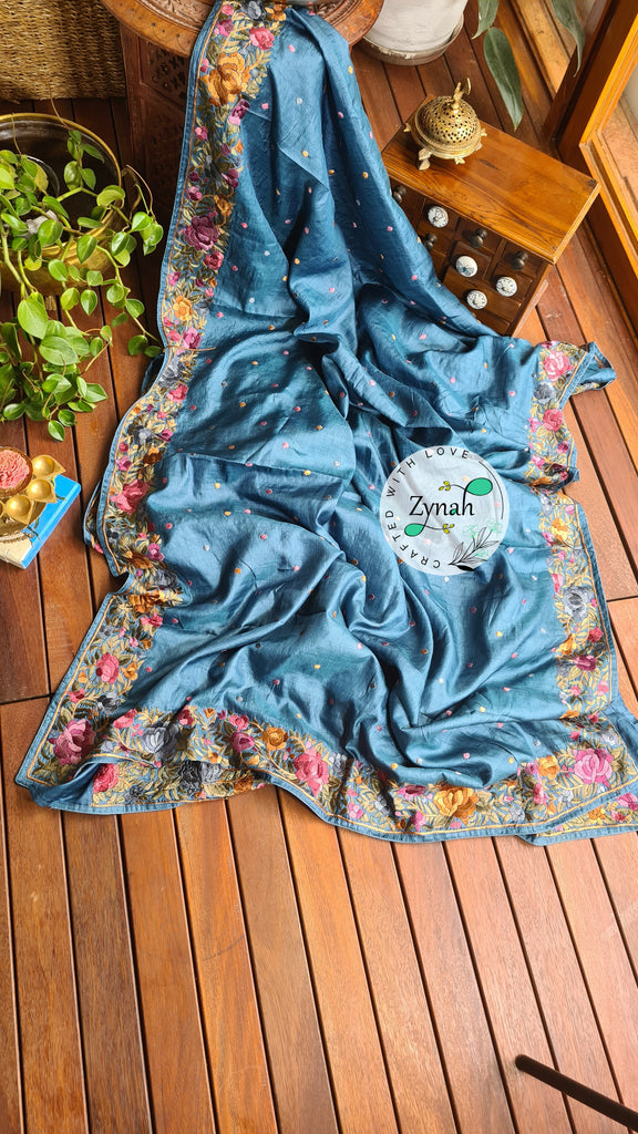 Zynah Made to Order Pure Tussar Silk Parsi Gara Handcrafted Saree; Custom Stitched/Ready-made Blouse, Fall, Petticoat; Shipping available USA, Worldwide