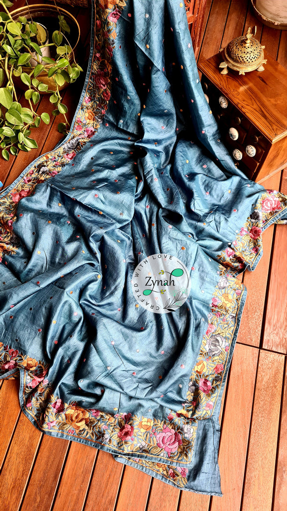 Zynah Made to Order Pure Tussar Silk Parsi Gara Handcrafted Saree; Custom Stitched/Ready-made Blouse, Fall, Petticoat; Shipping available USA, Worldwide