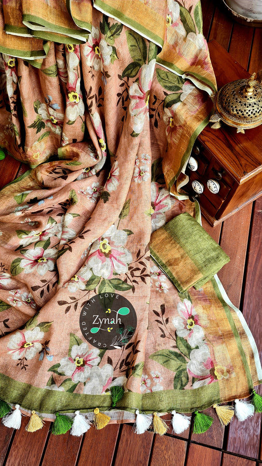 Zynah Organic Pure Linen by Linen(120c) Saree with Digital Floral Prints & Zari Border; Custom Stitched/Ready-made Blouse, Fall, Petticoat; Shipping available USA, Worldwide