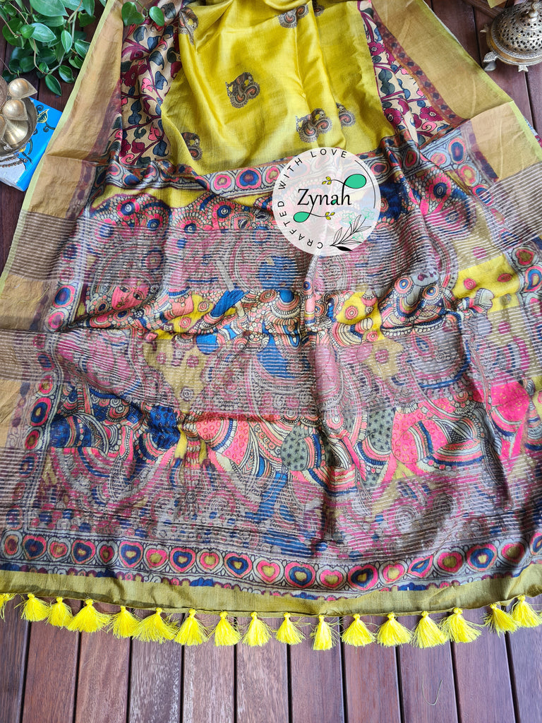 Zynah Pure Tussar Silk Saree with Digital Kalamkari Prints; Custom Stitched/Ready-made Blouse, Fall, Petticoat; Shipping available USA, Worldwide