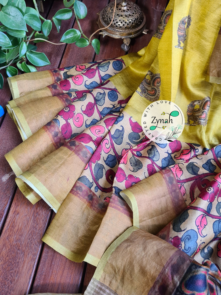 Zynah Pure Tussar Silk Saree with Digital Kalamkari Prints; Custom Stitched/Ready-made Blouse, Fall, Petticoat; Shipping available USA, Worldwide