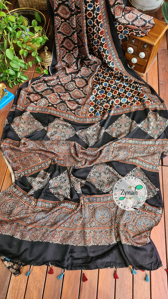 Zynah Pure Modal Silk Ajrakh Saree with Handblock Prints; Custom Stitched/Ready-made Blouse, Fall, Petticoat; Shipping available USA, Worldwide