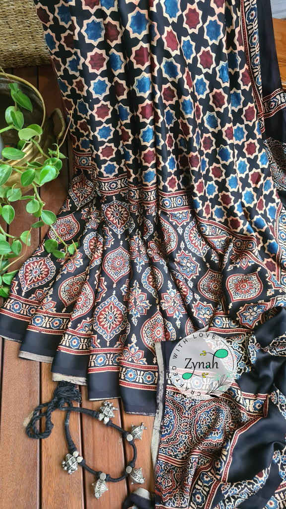 Zynah Pure Modal Silk Ajrakh Saree with Handblock Prints; Custom Stitched/Ready-made Blouse, Fall, Petticoat; Shipping available USA, Worldwide