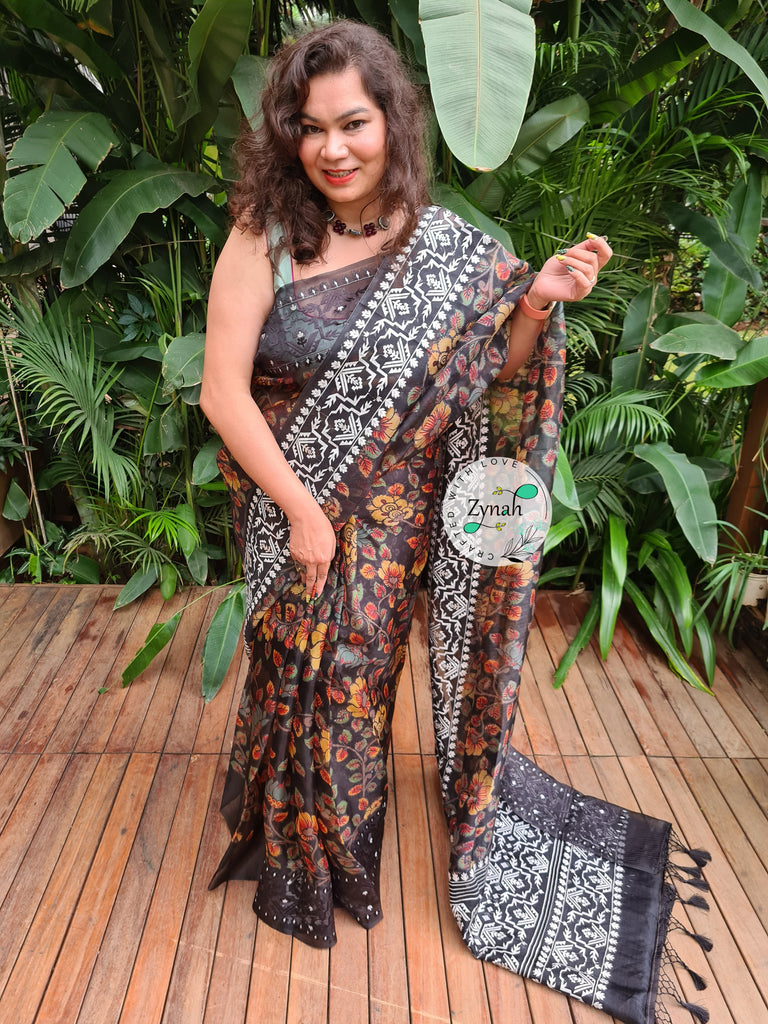 Zynah Pure Organza Silk Kalamkari Saree with Dhakai Jamdhani Thread Embroidery; Custom Stitched/Ready-made Blouse, Fall, Petticoat; Shipping available USA, Worldwide