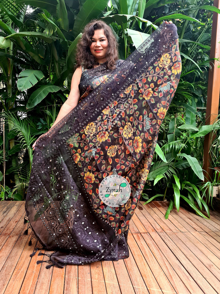 Zynah Pure Organza Silk Kalamkari Saree with Dhakai Jamdhani Thread Embroidery; Custom Stitched/Ready-made Blouse, Fall, Petticoat; Shipping available USA, Worldwide