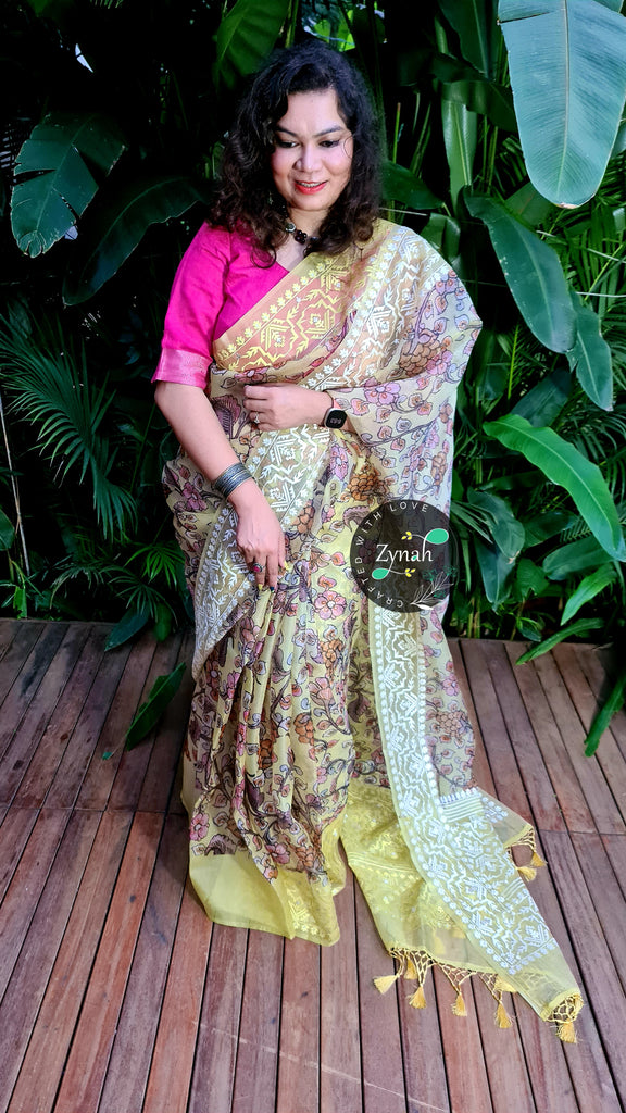 Zynah Pure Organza Silk Kalamkari Saree with Dhakai Jamdhani Thread Embroidery; Custom Stitched/Ready-made Blouse, Fall, Petticoat; Shipping available USA, Worldwide