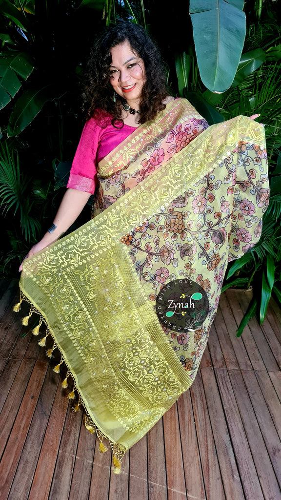 Zynah Pure Organza Silk Kalamkari Saree with Dhakai Jamdhani Thread Embroidery; Custom Stitched/Ready-made Blouse, Fall, Petticoat; Shipping available USA, Worldwide