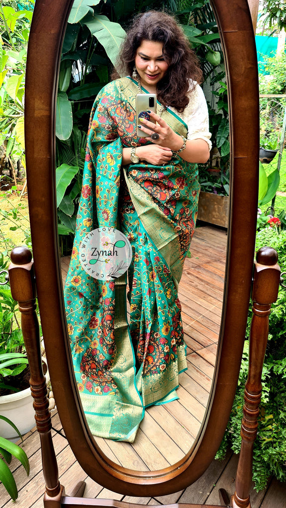 Zynah Pure Tussar Silk Banarasi Kalamkari Saree with Antique zari weave; Custom Stitched/Ready-made Blouse, Fall, Petticoat; Shipping available USA, Worldwide