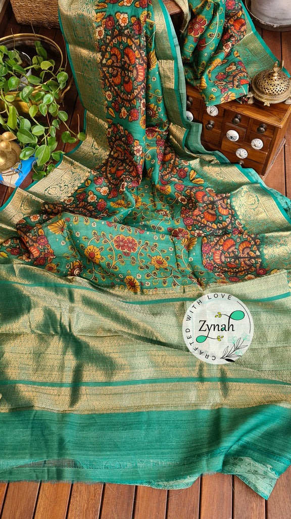 Zynah Pure Tussar Silk Banarasi Kalamkari Saree with Antique zari weave; Custom Stitched/Ready-made Blouse, Fall, Petticoat; Shipping available USA, Worldwide