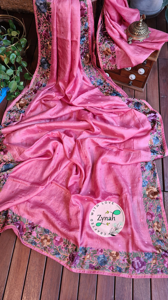 Zynah Made to Order Pure Tussar Silk Parsi Gara Handcrafted Saree; Custom Stitched/Ready-made Blouse, Fall, Petticoat; Shipping available USA, Worldwide