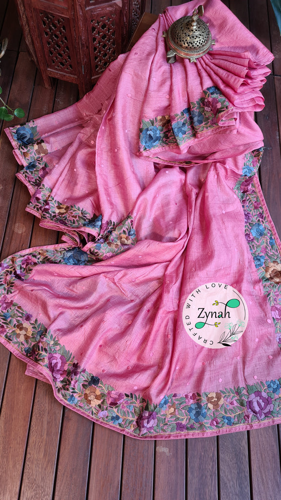 Zynah Made to Order Pure Tussar Silk Parsi Gara Handcrafted Saree; Custom Stitched/Ready-made Blouse, Fall, Petticoat; Shipping available USA, Worldwide