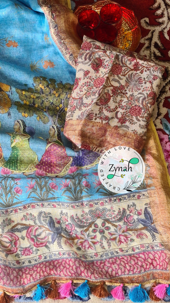 Zynah Organic Pure Linen by Linen(120c) Saree with Digital Kalamkari Prints; Custom Stitched/Ready-made Blouse, Fall, Petticoat; Shipping available USA, Worldwide