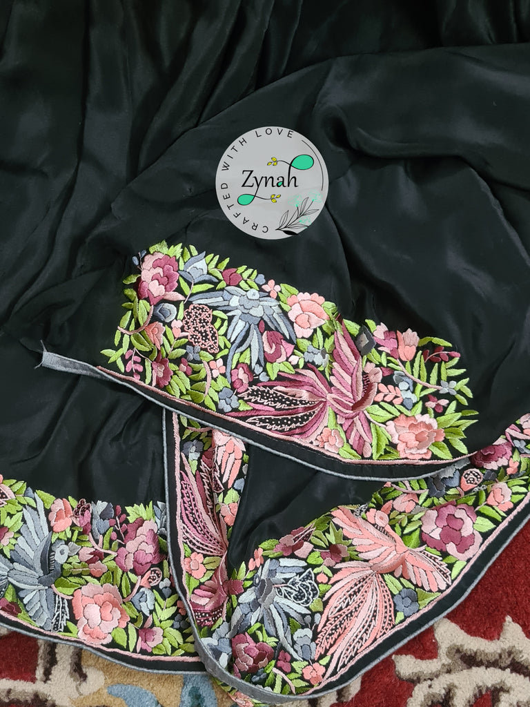 Zynah Made to Order Black Pure Crepe Silk Parsi Gara Handcrafted Saree; Custom Stitched/Ready-made Blouse, Fall, Petticoat; Shipping available USA, Worldwide