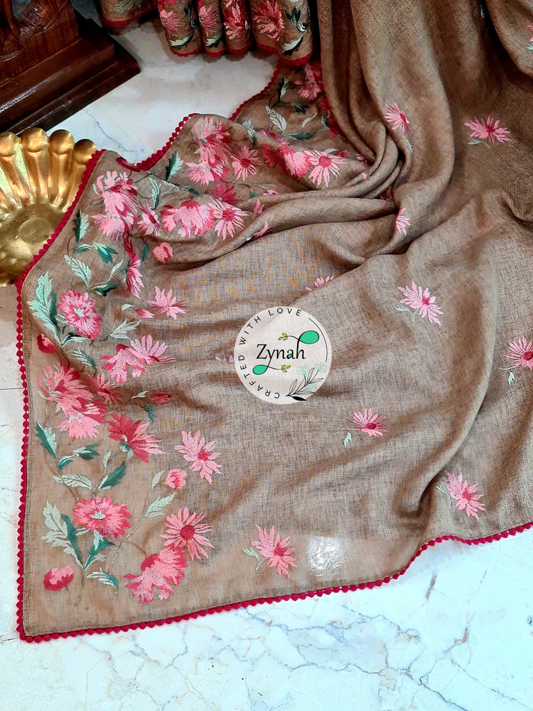 Zynah Pure Jute Muslin Embroidery Saree with Crochet lace; Custom Stitched/Ready-made Blouse, Fall, Petticoat; Shipping available USA, Worldwide