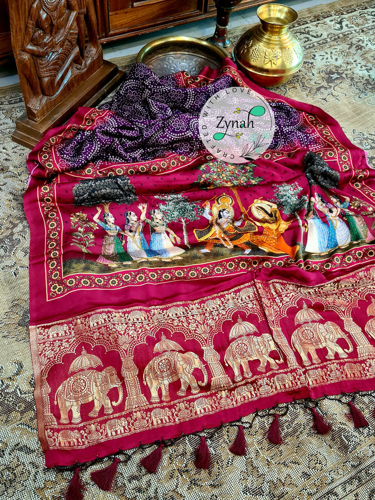 Zynah Pure Gajji Silk Saree with Bandhani & Pichwai Prints, Amdavadi Pallu; Custom Stitched/Ready-made Blouse, Fall, Petticoat; Shipping available USA, Worldwide