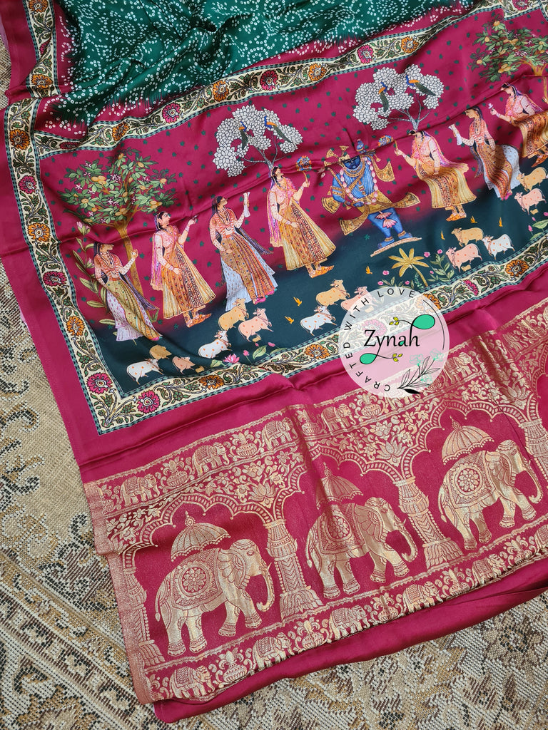 Zynah Pure Gajji Silk Saree with Bandhani & Pichwai Prints, Amdavadi Pallu; Custom Stitched/Ready-made Blouse, Fall, Petticoat; Shipping available USA, Worldwide